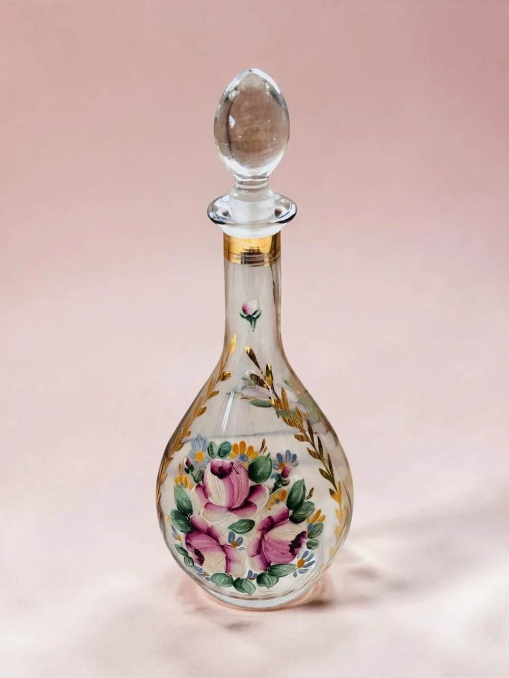 Vintage Mid-century Hand Painted Decanter Pink Roses